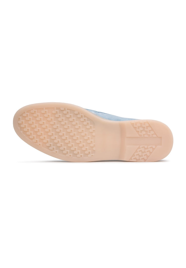 A pair of stylish blue platform moccasins by Aurelia shoes for women.