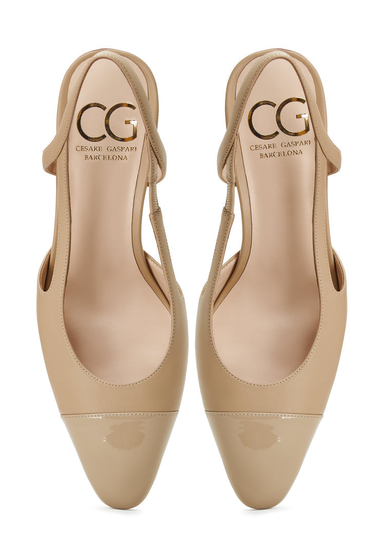A stylish pair of beige slingback block heels with a Jasmine design for women's shoes collection.