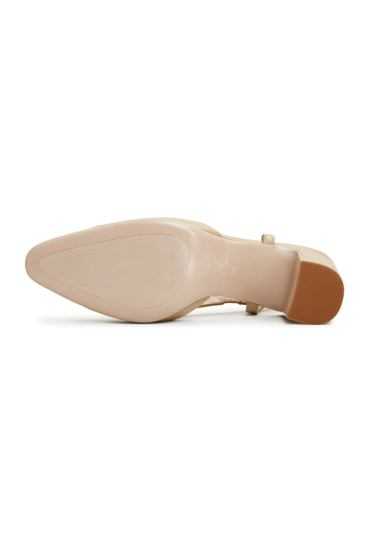 A stylish pair of beige slingback block heels pumps named Jasmine, the perfect women's shoes for any occasion.