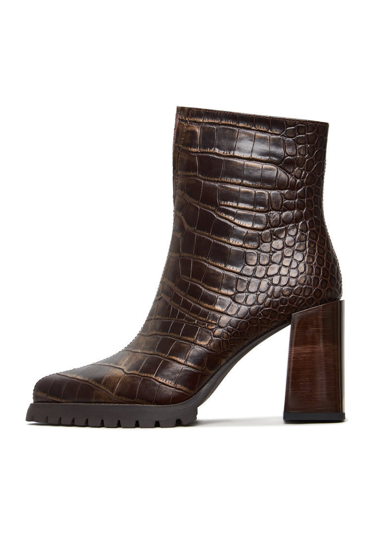 A stylish pair of women's brown block heel boots with croc texture, known as Helen brown boots.