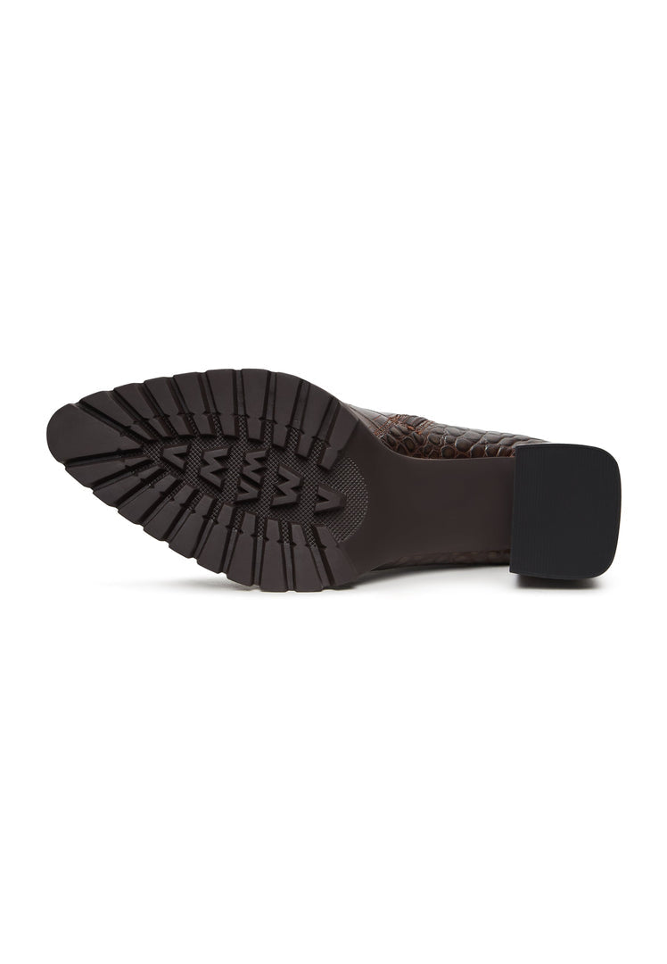 A stylish pair of women's brown block heel boots with a crocodile textured print, known as the Helen brown boots.