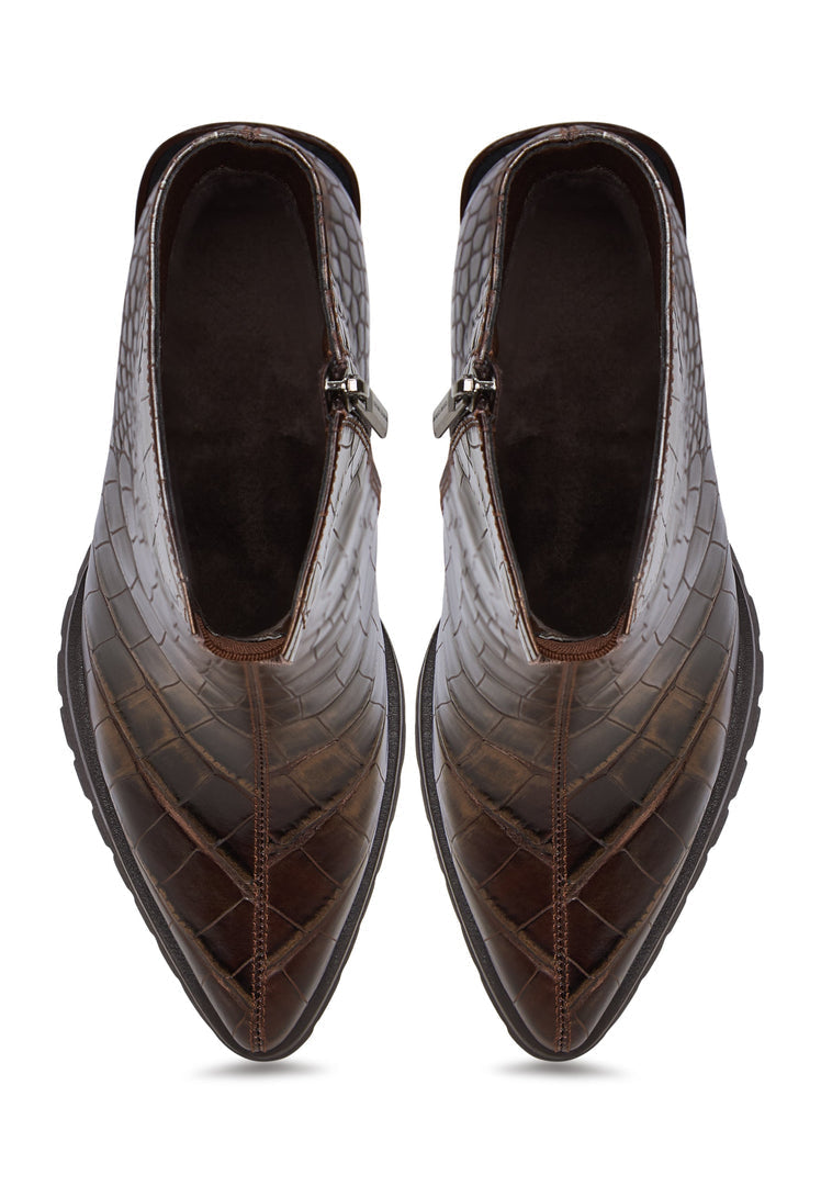 A stylish pair of women's Croc block heel boots in Helen brown with crocodile textured print.