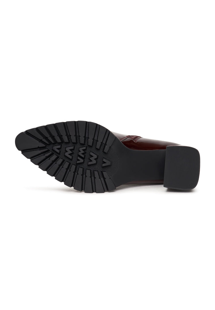 A stylish pair of red block heel Helen boots, perfect for a fashionable women's footwear wardrobe.