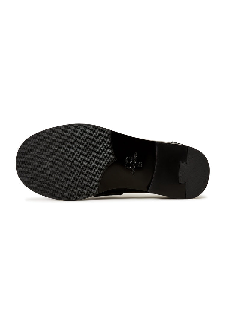 A stylish pair of black leather block heeled loafers, also known as Dinara black shoes, for women featuring a chunky heel design.