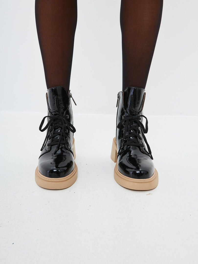 Patent Leather Lace-Up Ankle Boots - Black