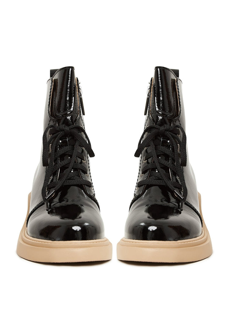 Patent Leather Lace-Up Ankle Boots - Black