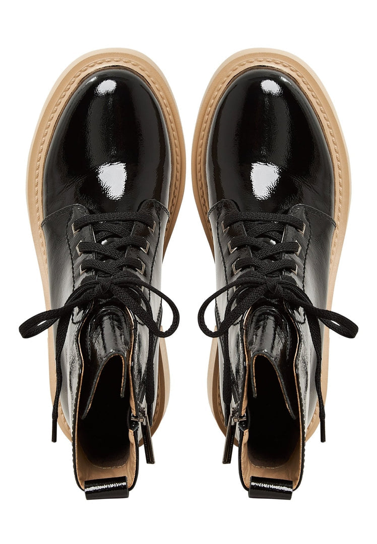 Patent Leather Lace-Up Ankle Boots - Black