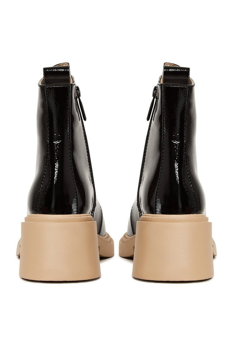 Patent Leather Lace-Up Ankle Boots - Black