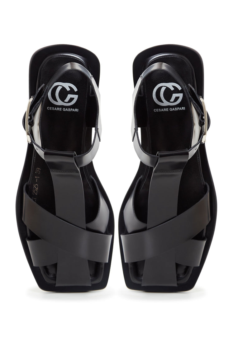 Sandalen mit flacher Sohle und Knöchelaufschlag - Schwarz