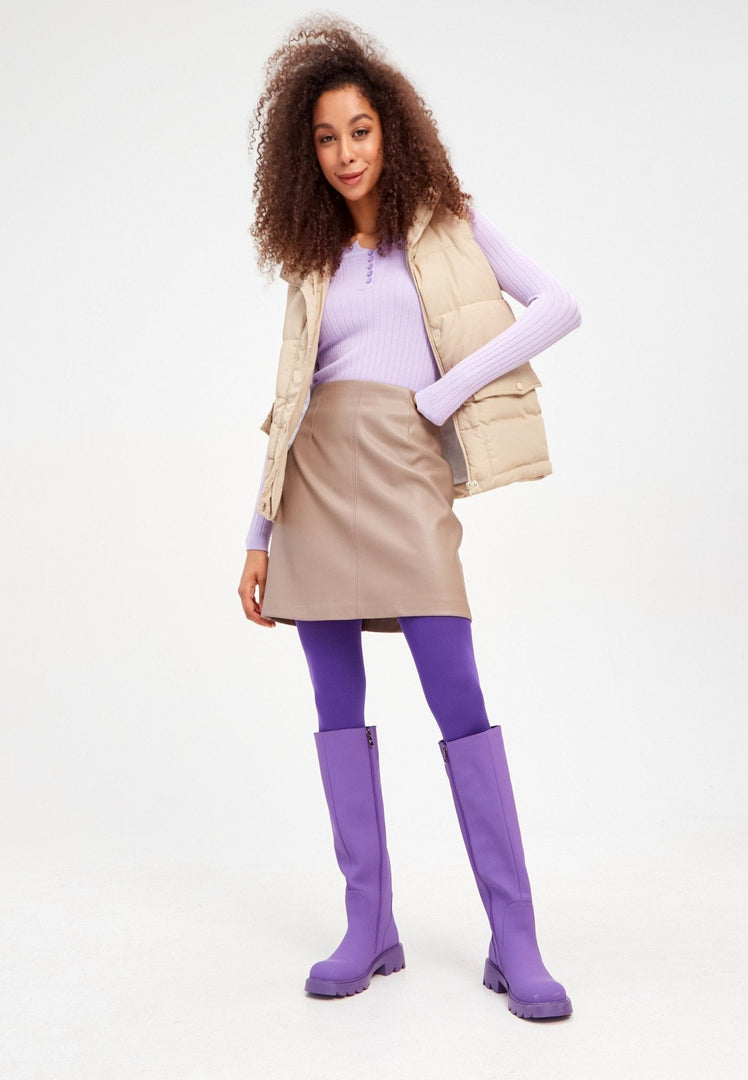 A stylish pair of knee-high chunky sole purple boots for women, the perfect fashion statement.