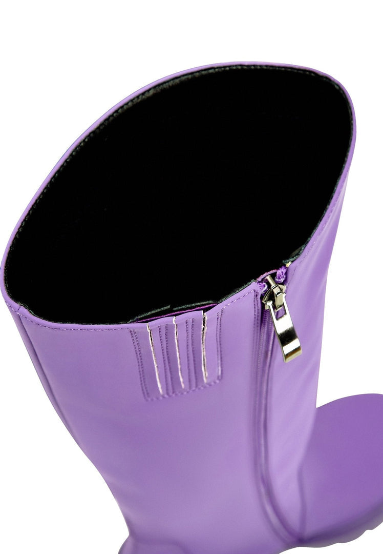 A stylish pair of knee-high chunky sole purple fashion boots for women.