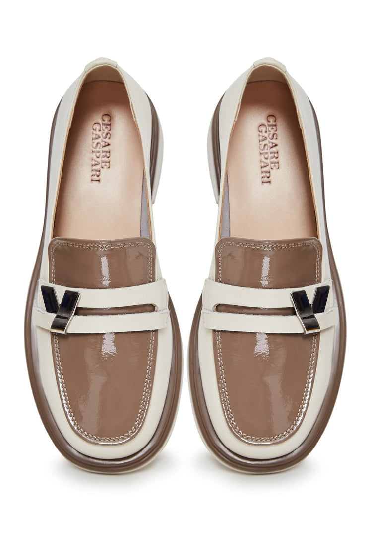 Round Tip Block Heel Loafers - Beige