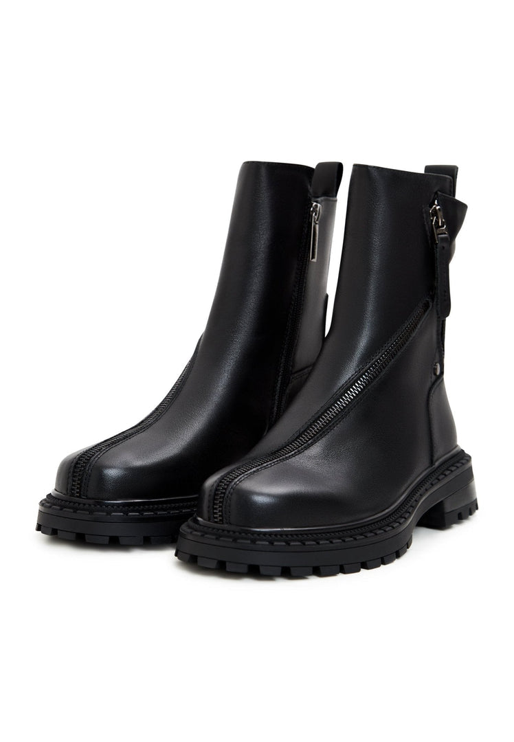 A stylish pair of black leather platform ankle boots for women, featuring a high heel design.