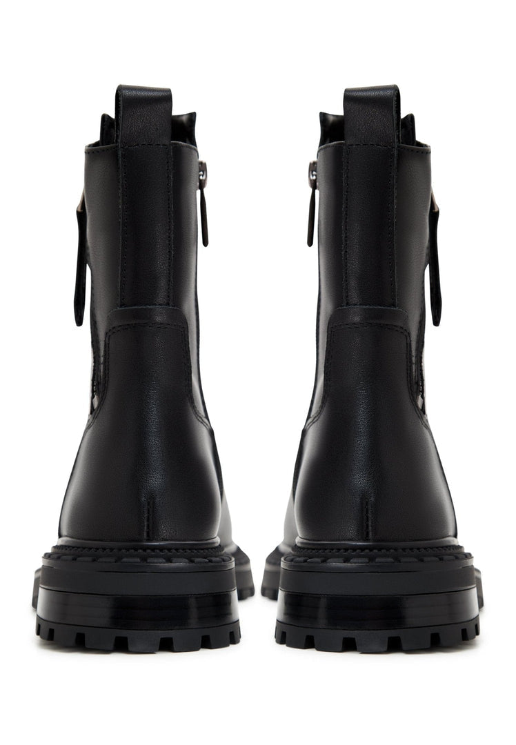 A stylish pair of black leather platform ankle boots for women, featuring a high heel design.