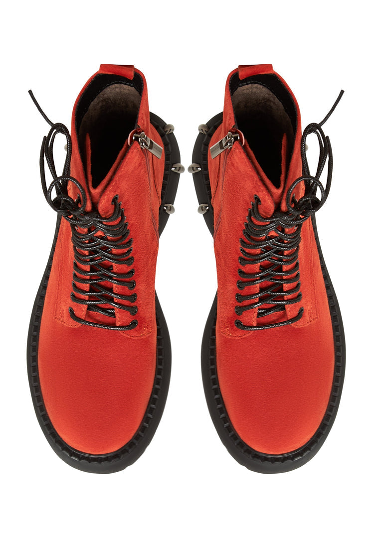 Lace-Up Combat Boots with Chunky Sole - Red
