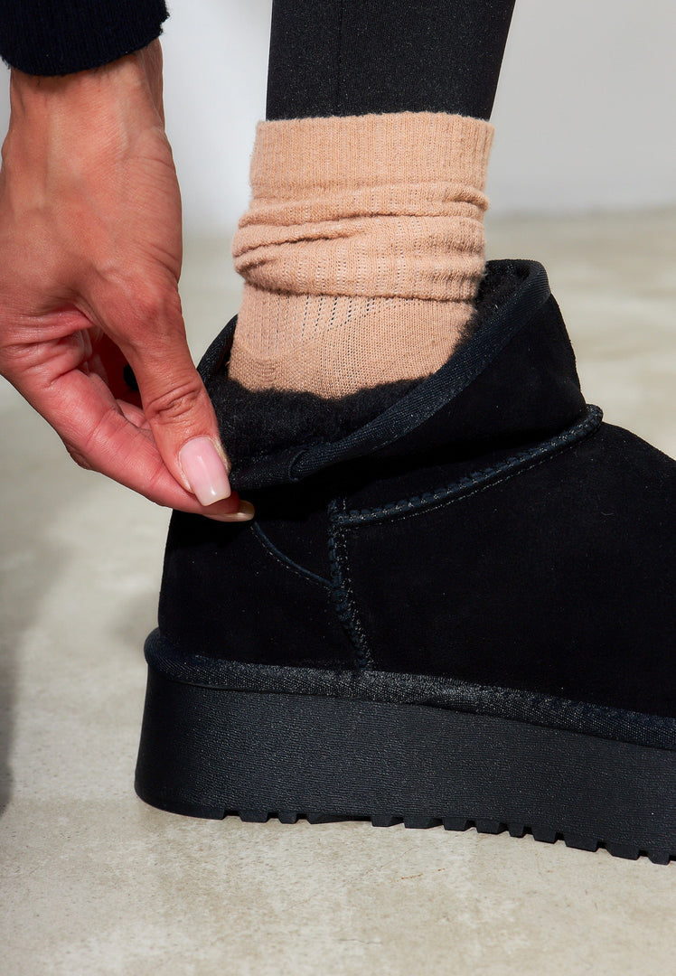 A stylish pair of black suede platform winter boots - perfect for fashionable winter footwear.