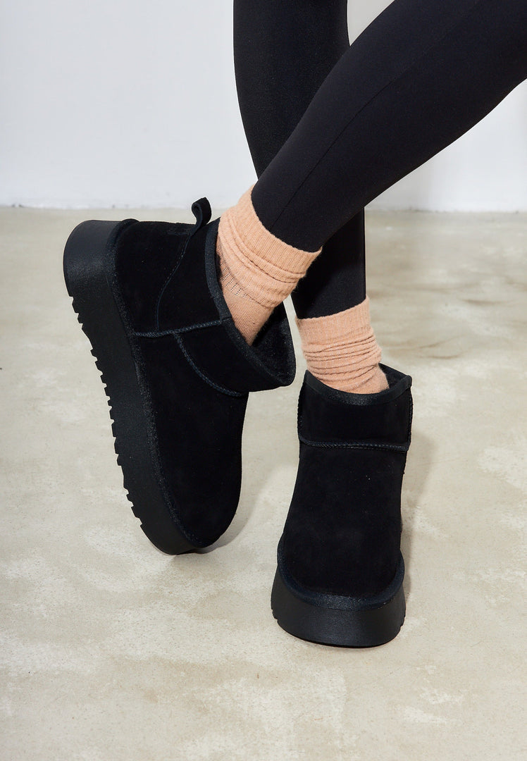 A stylish pair of black suede winter platform boots, ideal for staying trendy and warm in the colder months.