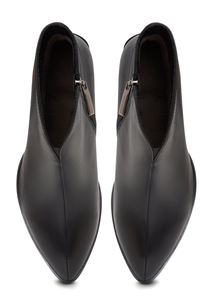 A stylish pair of classic black leather ankle boots with a fashionable block heel for women.