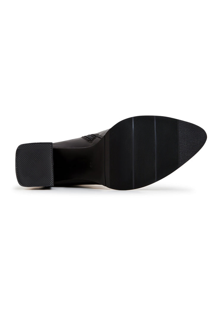 A pair of fashionable women's leather ankle boots with a block heel in classic black design.