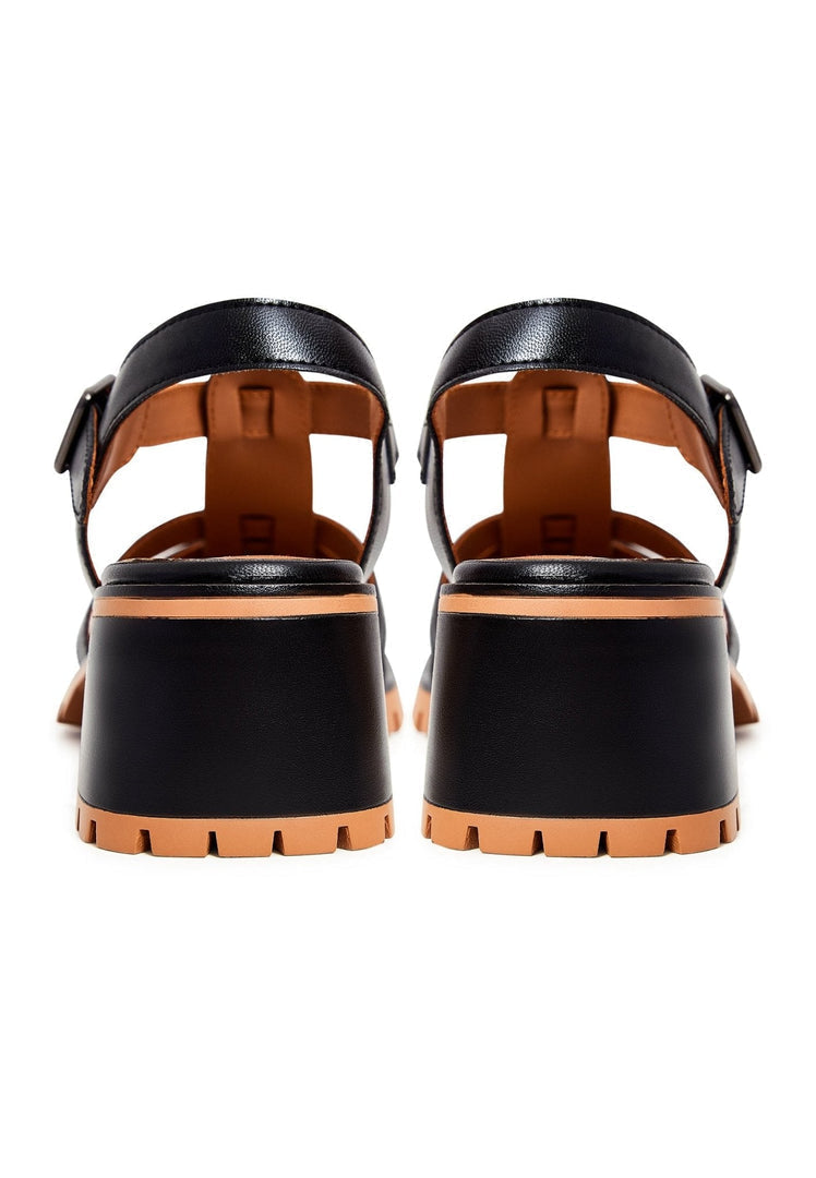 Leather Block Heels Sandals - Black