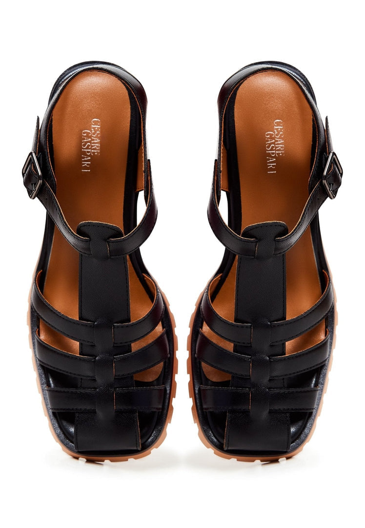 Leather Block Heels Sandals - Black