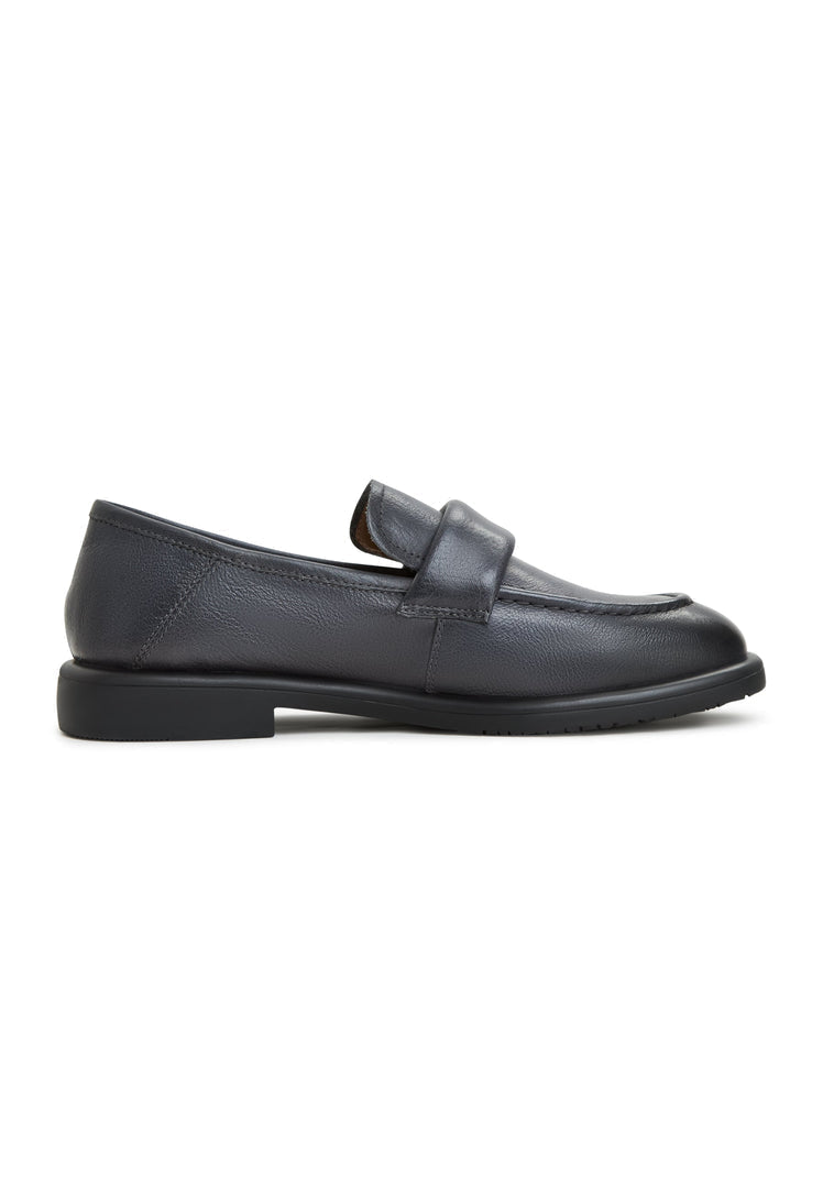 A stylish pair of Stephanie brand grey block heeled loafers, perfect for women looking for elegant and comfortable slip-on shoes.