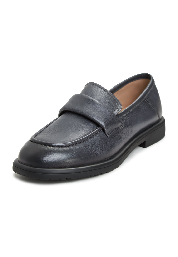 A stylish pair of Stephanie brand grey block heeled loafers, perfect for women looking for trendy slip-on footwear.