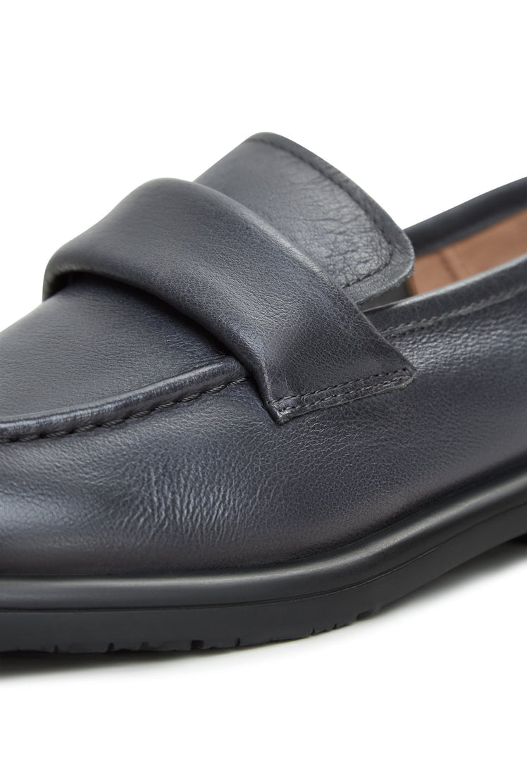 A stylish pair of grey block heeled loafers from Stephanie brand, perfect for women looking for grey slip-on loafers with a touch of sophistication.