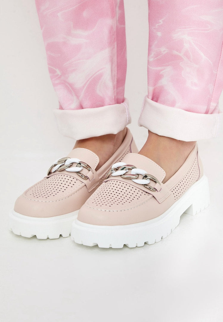A trendy pair of women's pink loafers, perfect for a casual and comfortable yet stylish look at an affordable price.