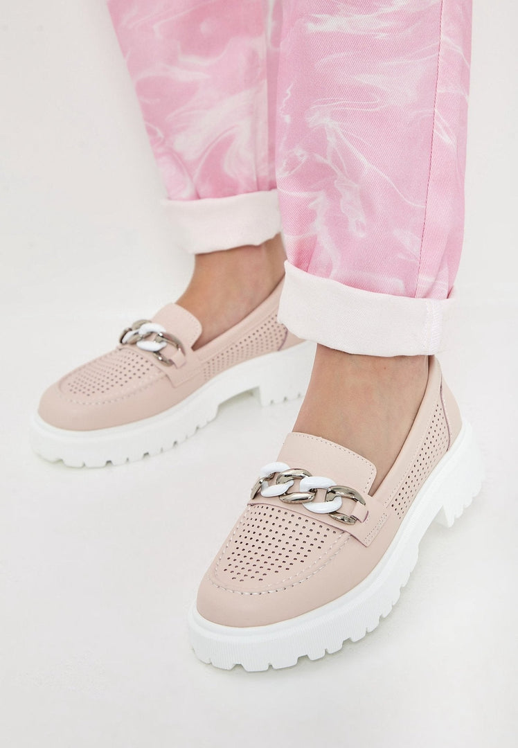 A trendy pair of affordable pink loafers for women, perfect for casual and comfortable everyday wear.