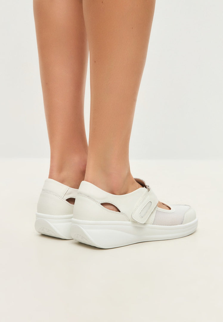 A pair of stylish white leather sneakers, perfect for summer, made of high-quality leather and designed as fashionable casual footwear