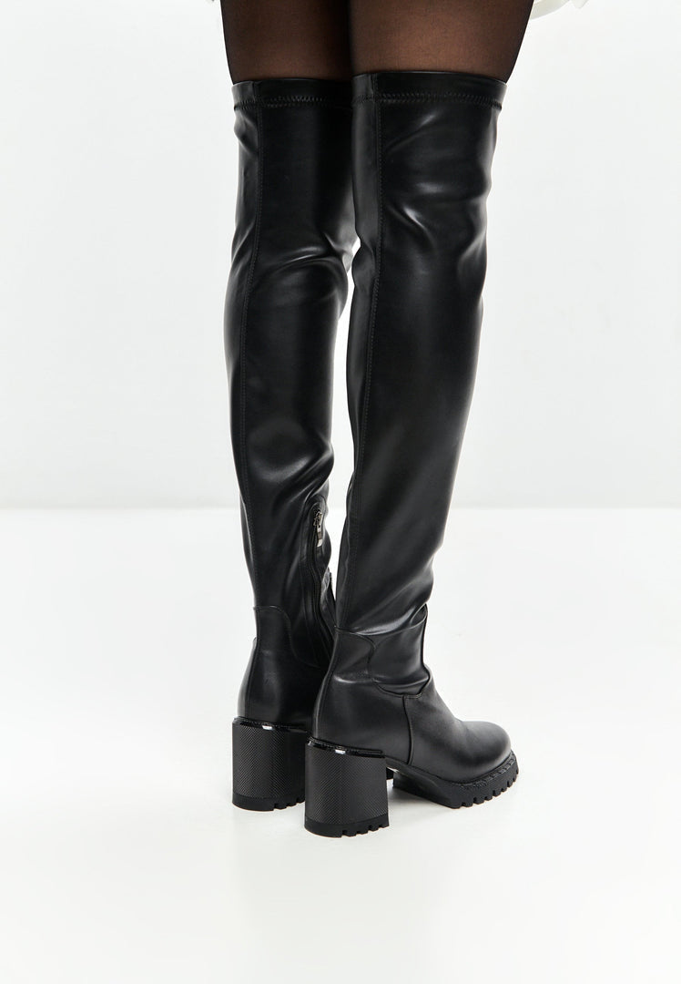 Over the Knee Boots With Block Heel - Black