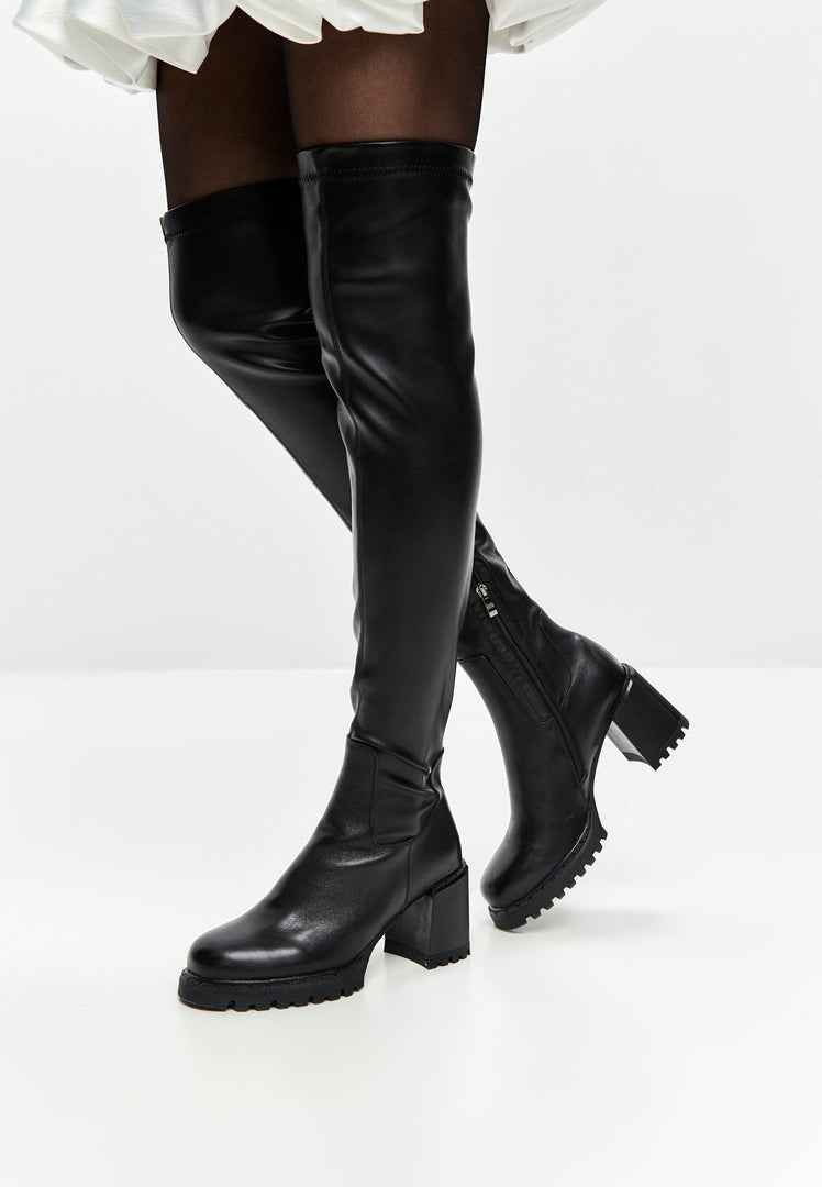 Over the Knee Boots With Block Heel - Black