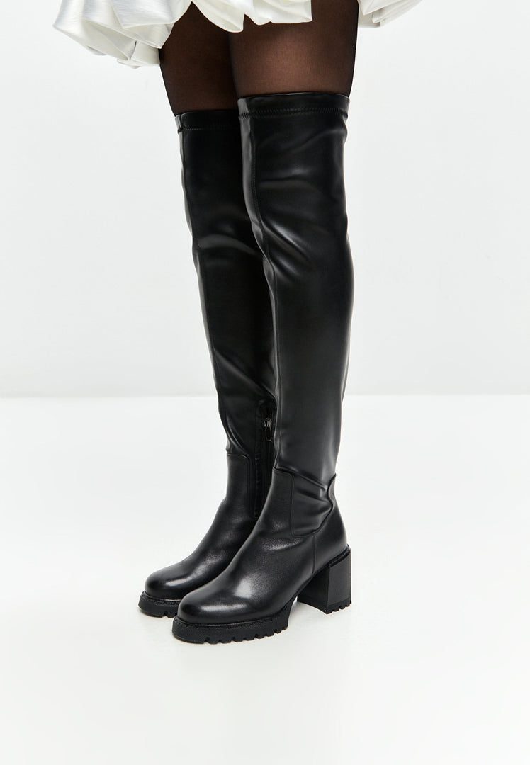 Over the Knee Boots With Block Heel - Black