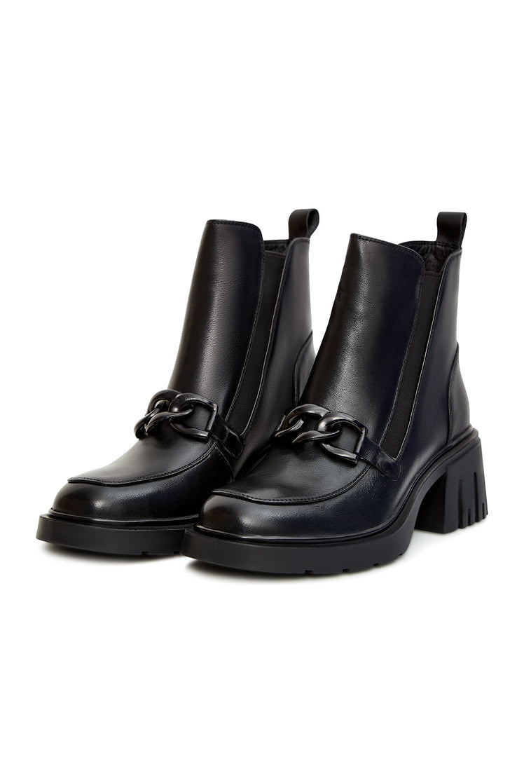 Botines de tacón grueso con detalles de cadenas - Negro
