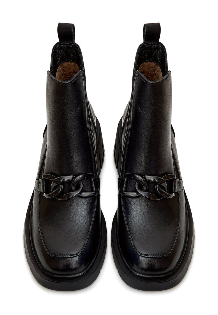 Botines de tacón grueso con detalles de cadenas - Negro