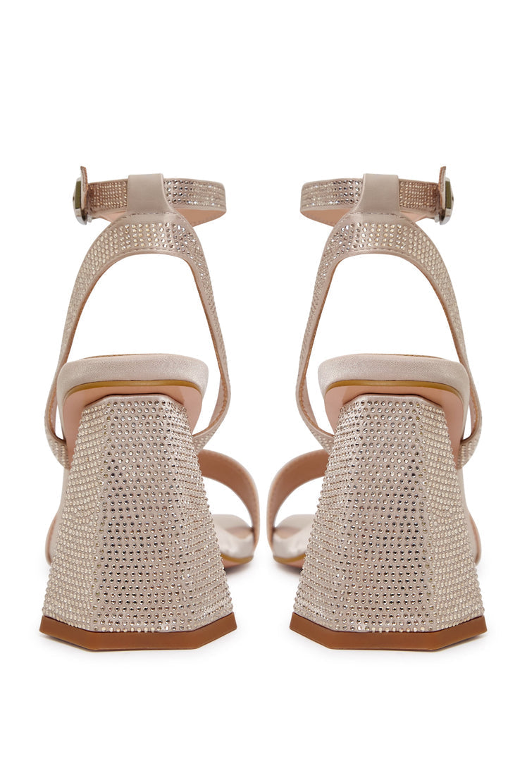 Strappy Block Heel Sandals with Rhinestones - Gold