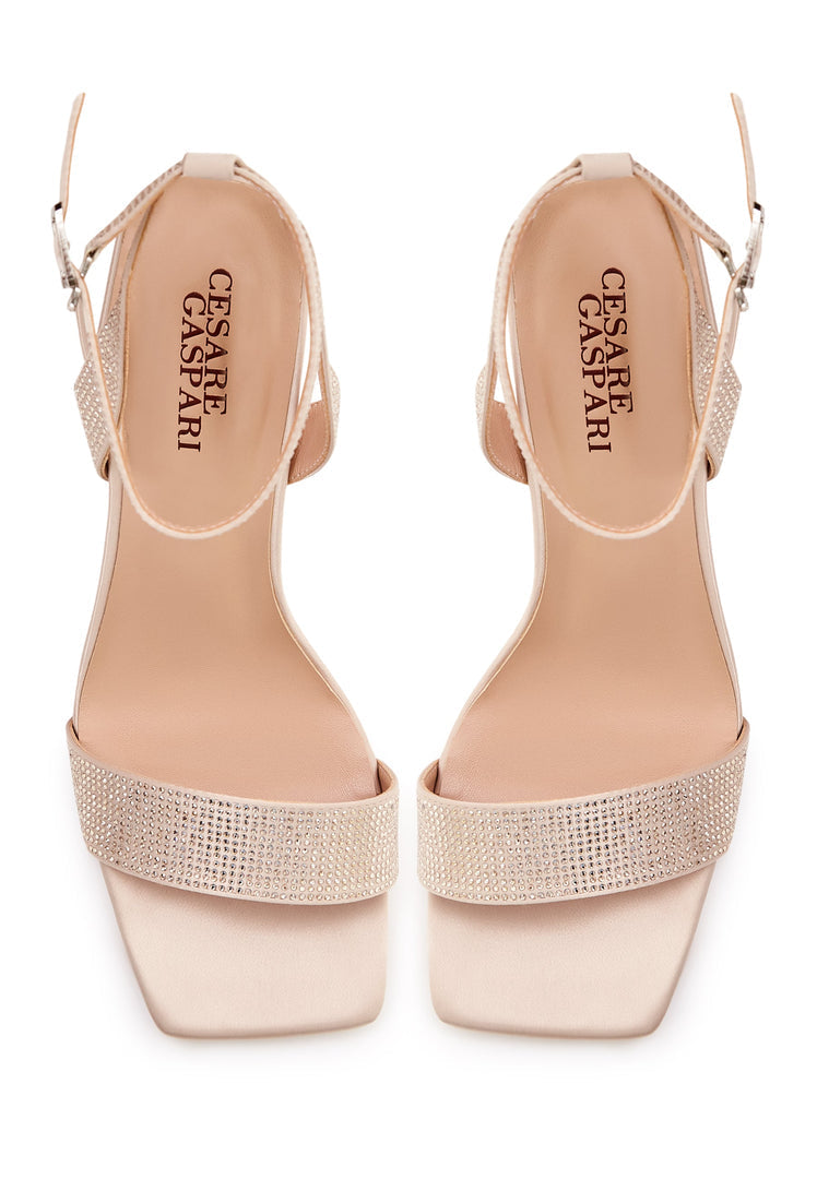 Strappy Block Heel Sandals with Rhinestones - Gold