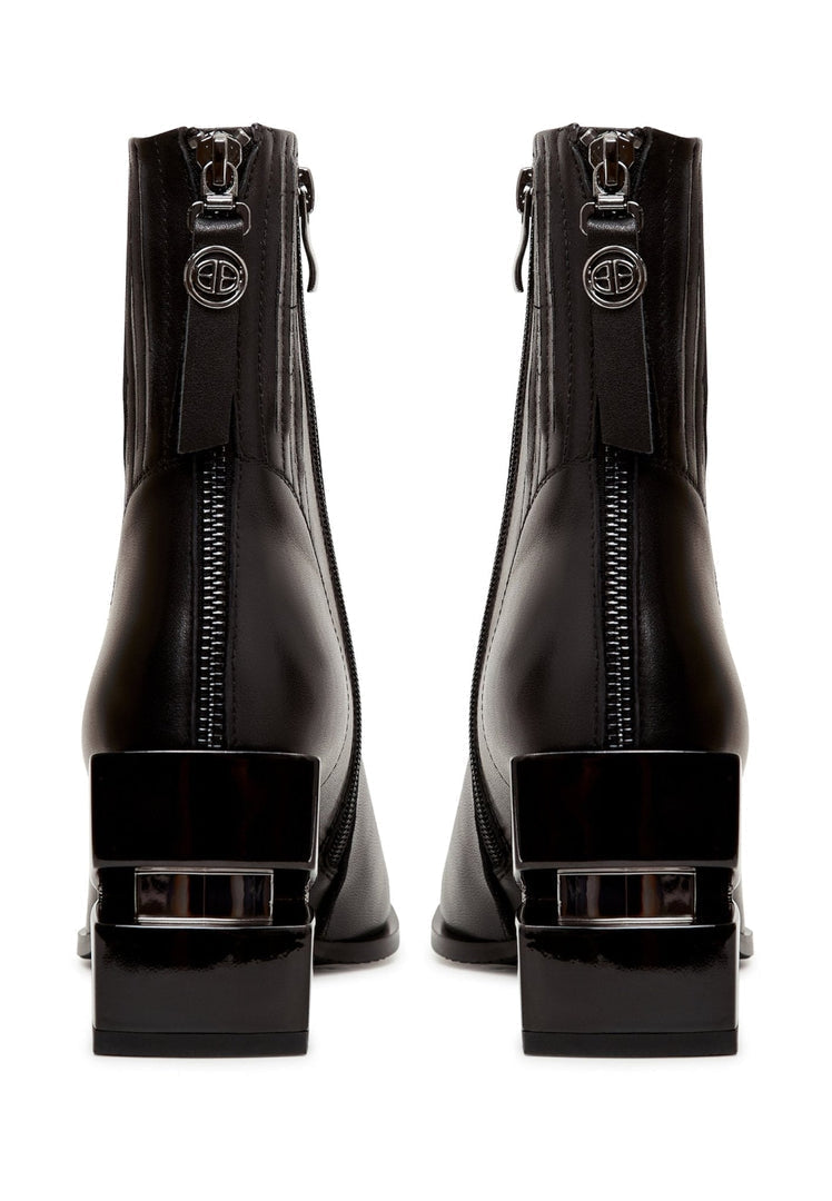 Leather Block Heel Ankle Boots - Black