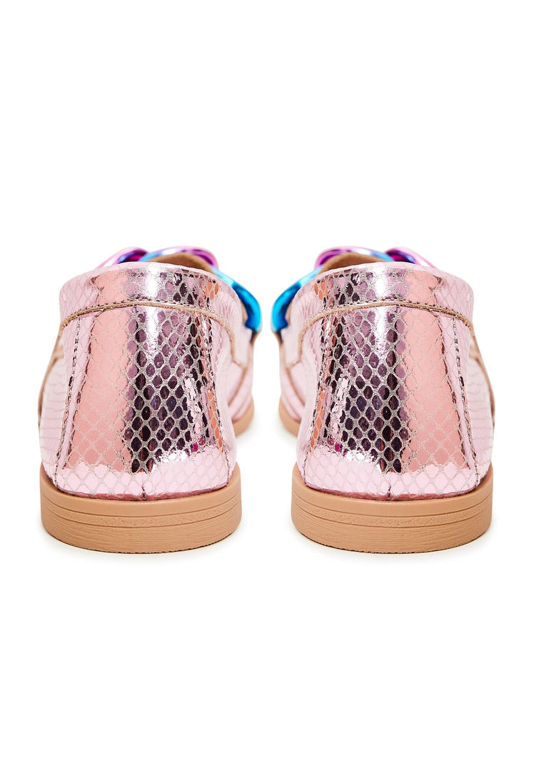 A stylish pair of women's fashion shoes in metallic pink, featuring classic style leather loafers with flat soles.