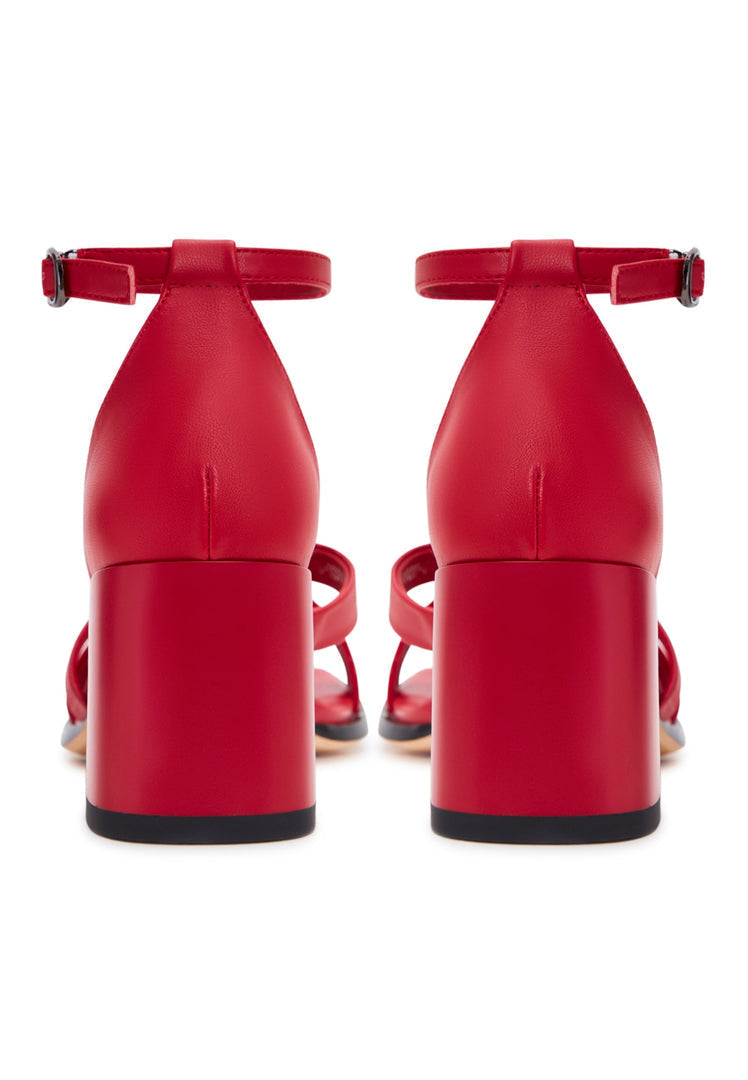 Open Toe Leather Block Heel Sandals - Red