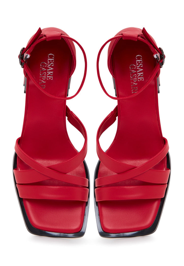 Open Toe Leather Block Heel Sandals - Red