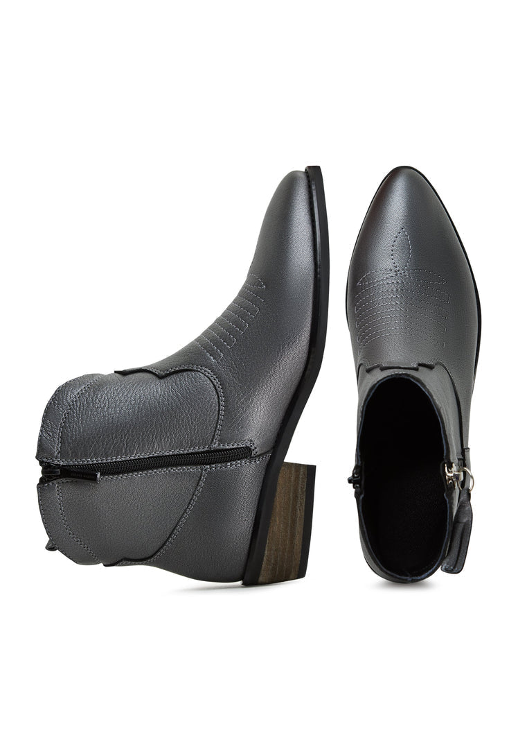 A stylish pair of dark grey leather cowboy boots known as Vicky boots.
