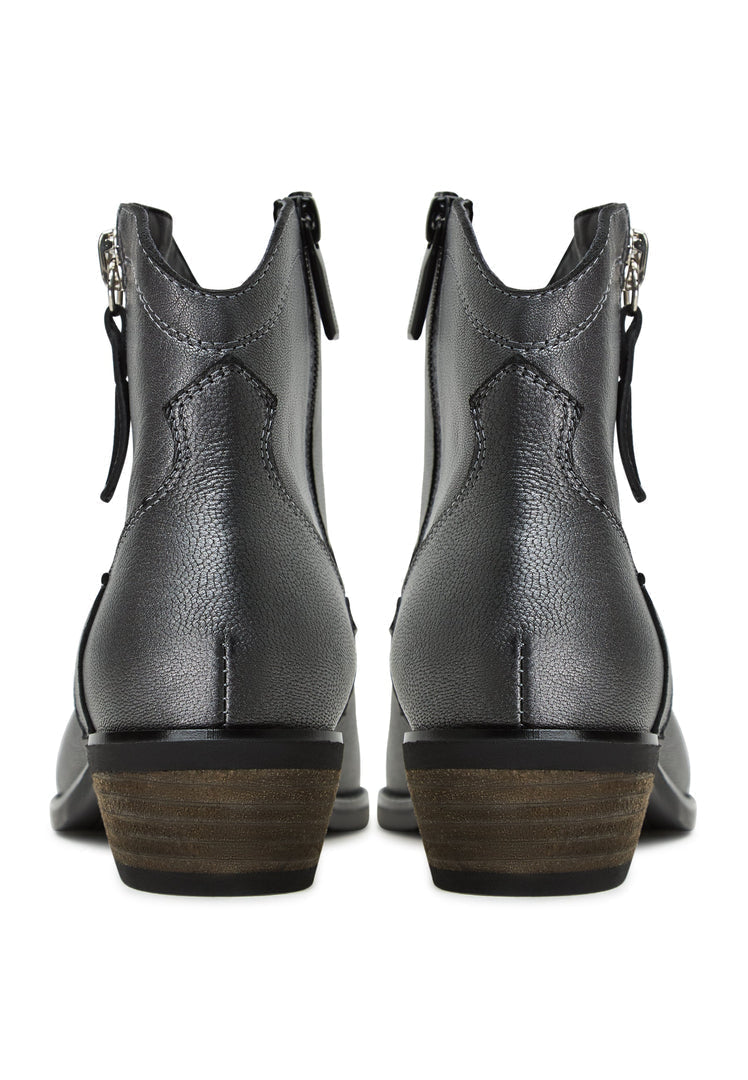 A pair of stylish grey leather cowboy boots, known as Vicky boots, featuring intricate stitching details.