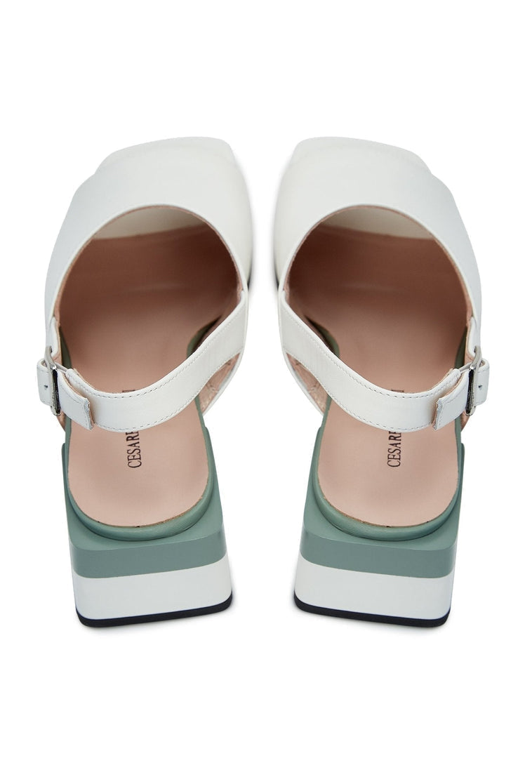 A close-up image of high-quality women's leather sandals with a square heel, perfect for summer footwear fashion.