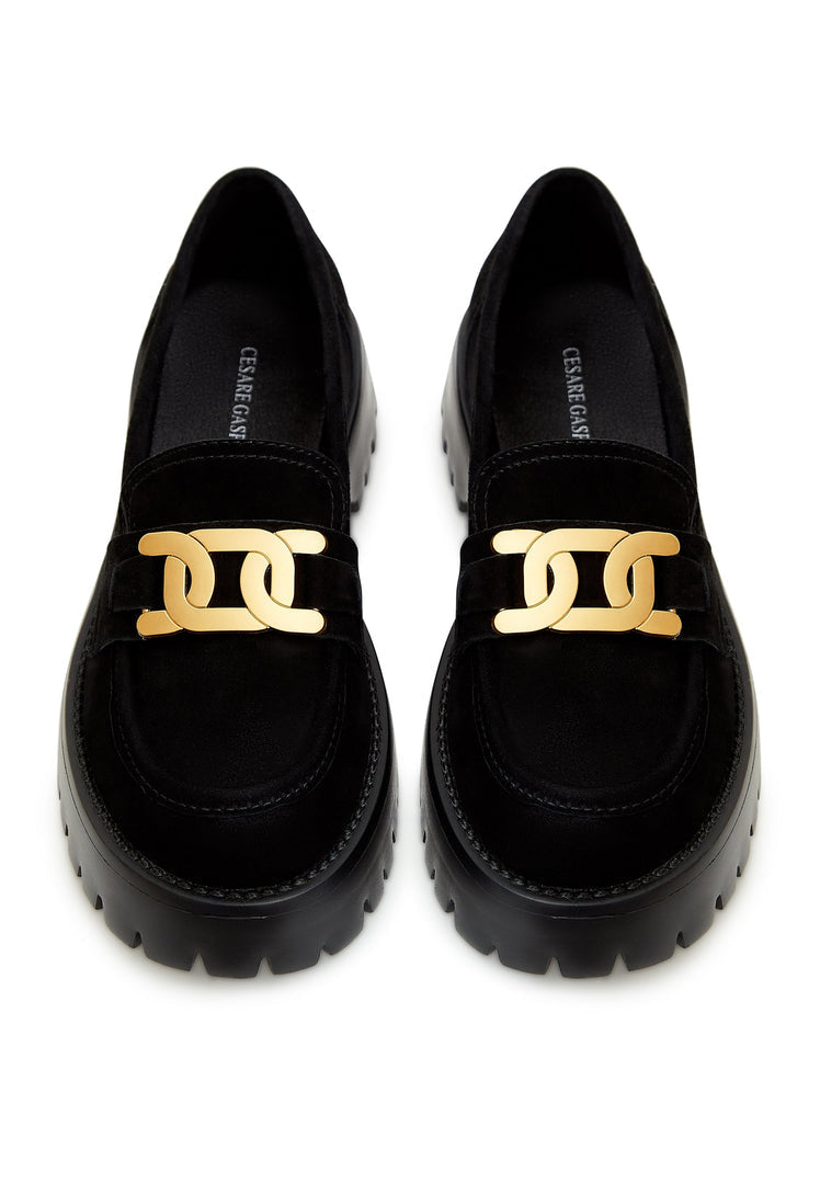 Suede Chunky Loafers with Golden Chain - Black
