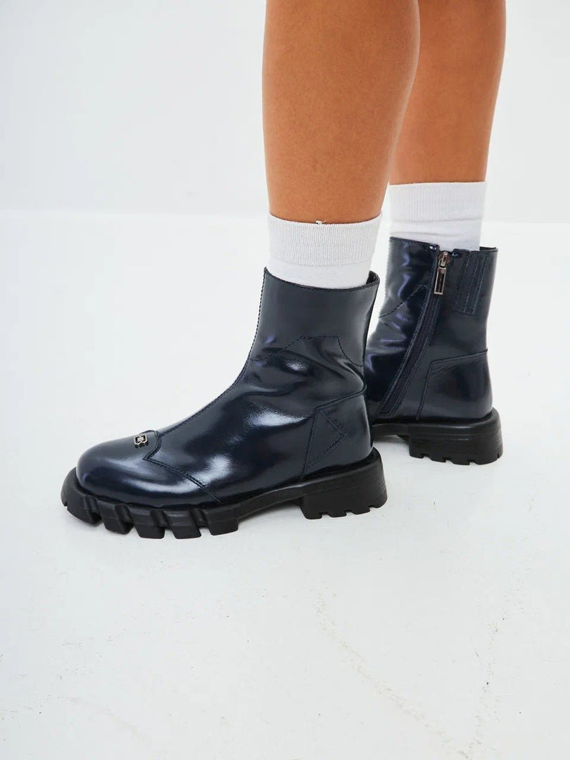 Stiefel mit flacher Sohle aus Leder - Blau