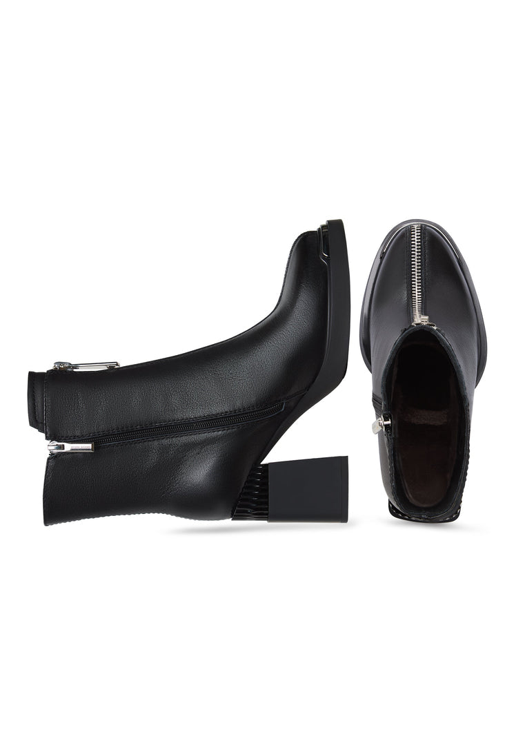 A pair of modern black fashion footwear zipper heel boots, also known as Thrud boots.