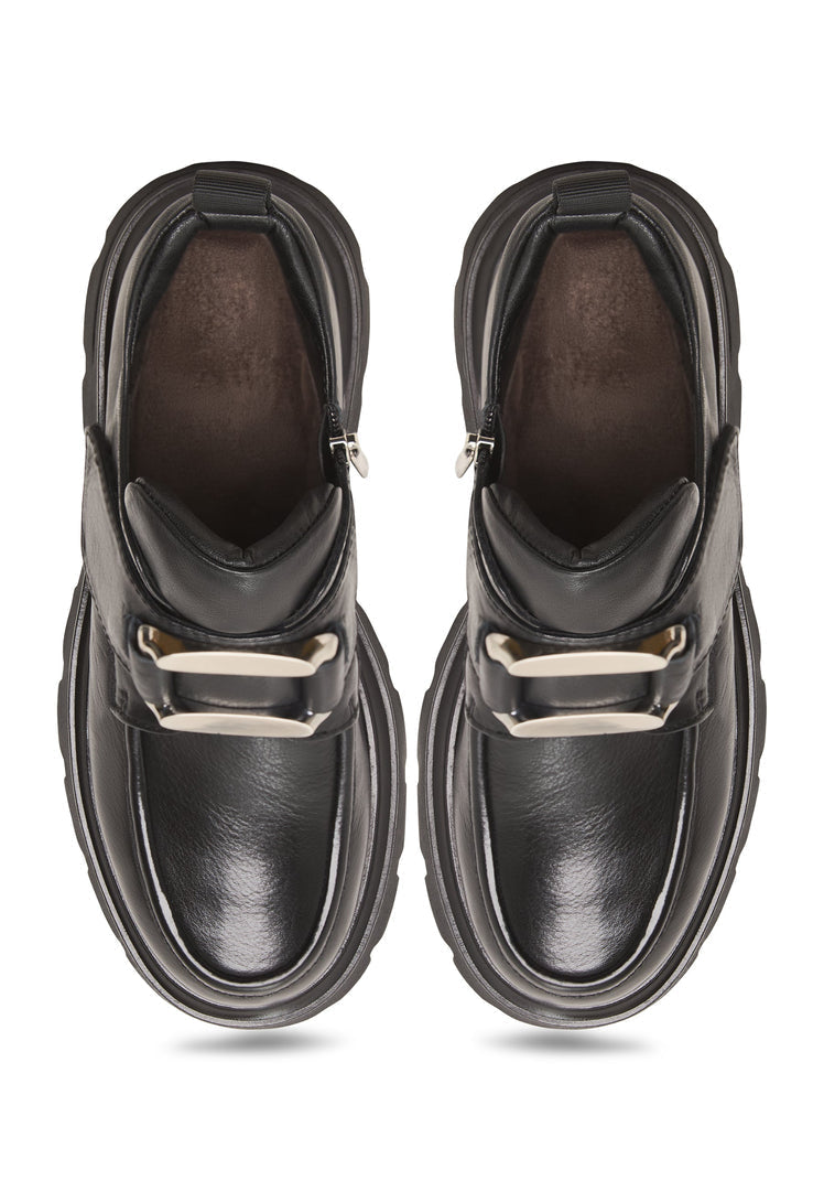 Bold Double Buckle Leather Loafers Geirr - Black