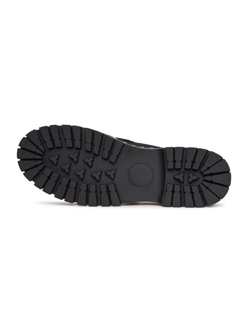 A pair of chic black loafers with chunky soles, known as Lily black loafers, the perfect combination of style and comfort in fashionable chunky sole footwear.